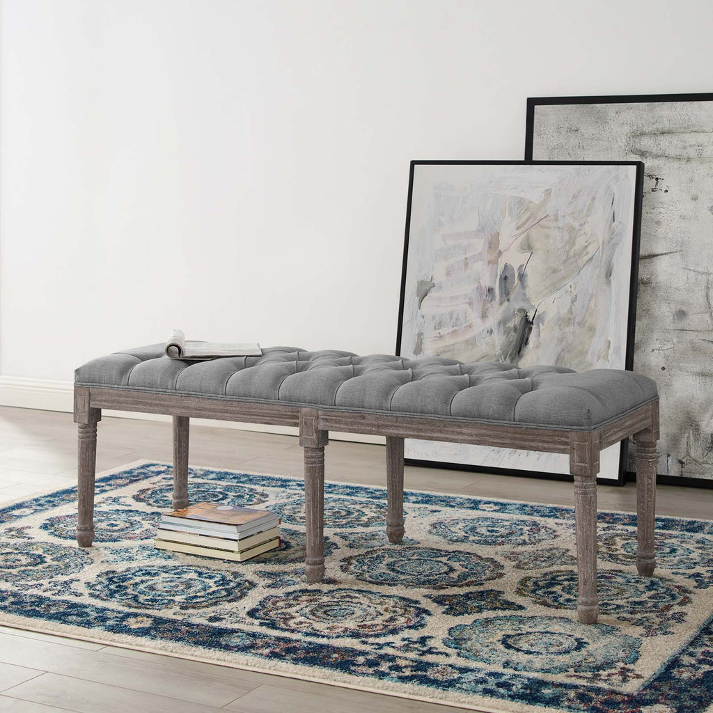 Province French Vintage Upholstered Fabric Bench in Light Gray