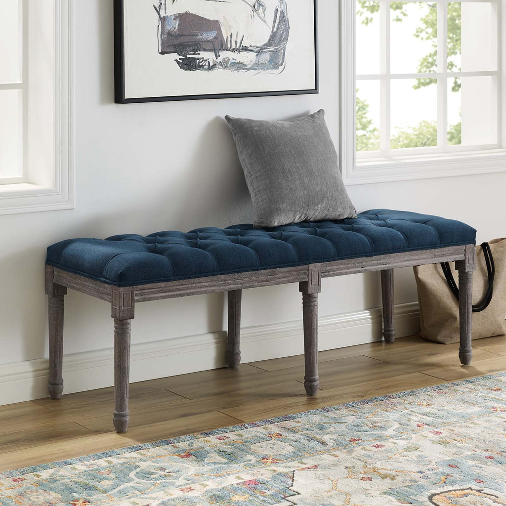 Province French Vintage Upholstered Fabric Bench in Navy