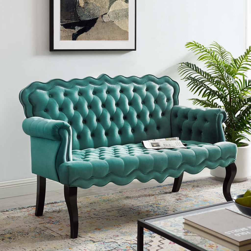 Viola Chesterfield Button Tufted Loveseat Performance Velvet Settee in Teal