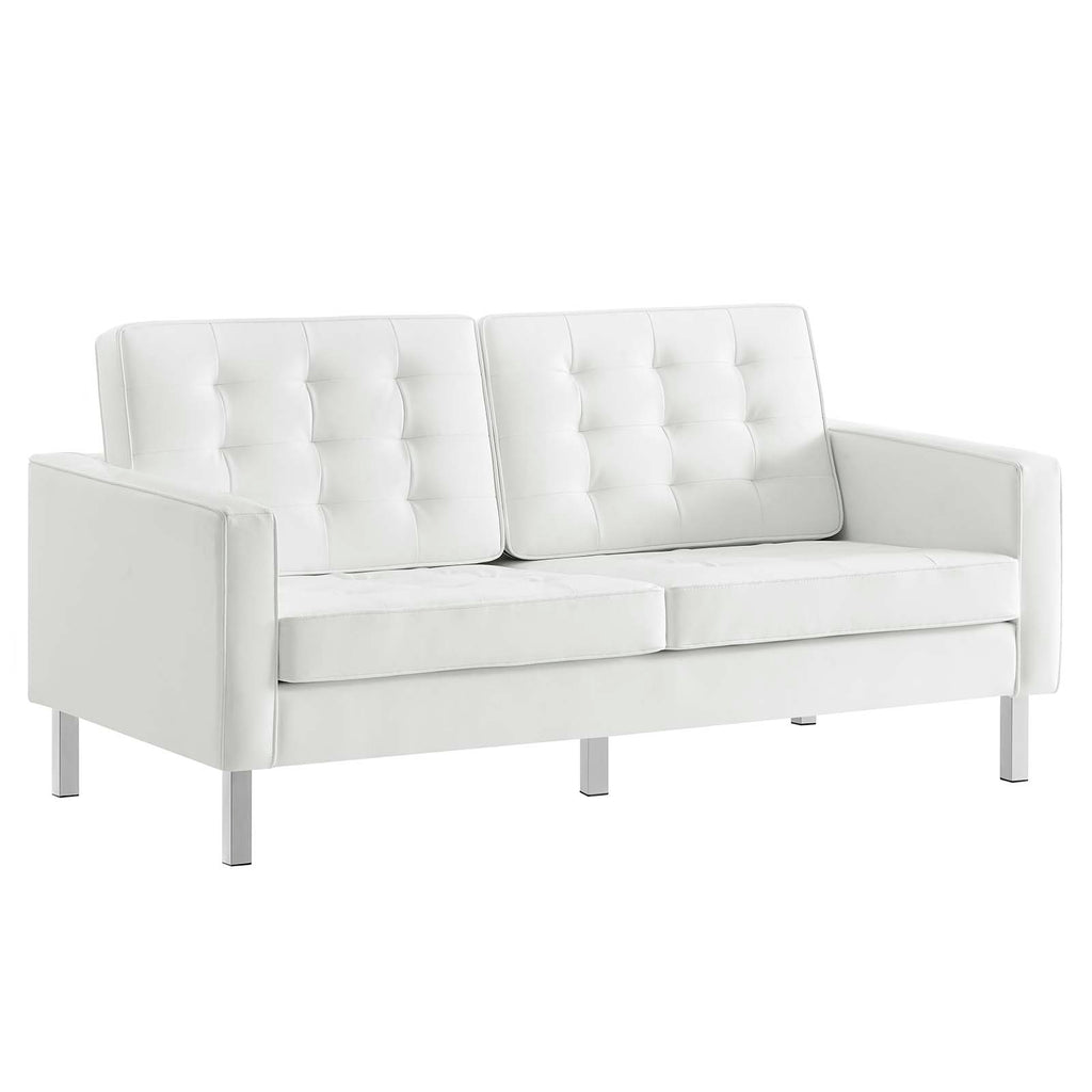 Loft Tufted Upholstered Faux Leather Loveseat in Silver White