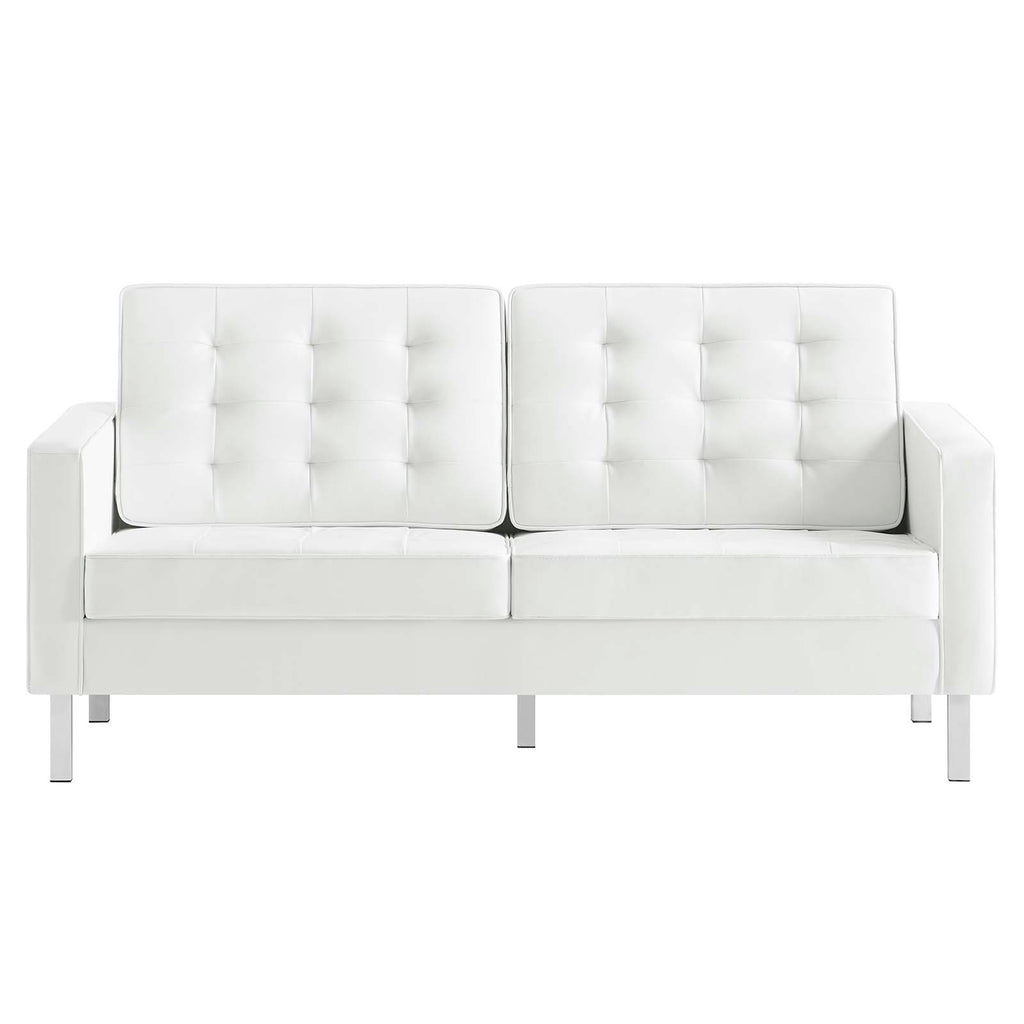 Loft Tufted Upholstered Faux Leather Loveseat in Silver White