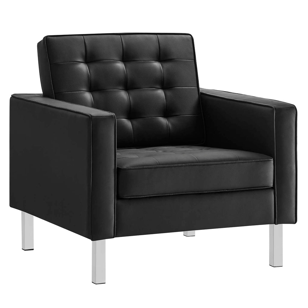 Loft Tufted Upholstered Faux Leather Armchair in Silver Black