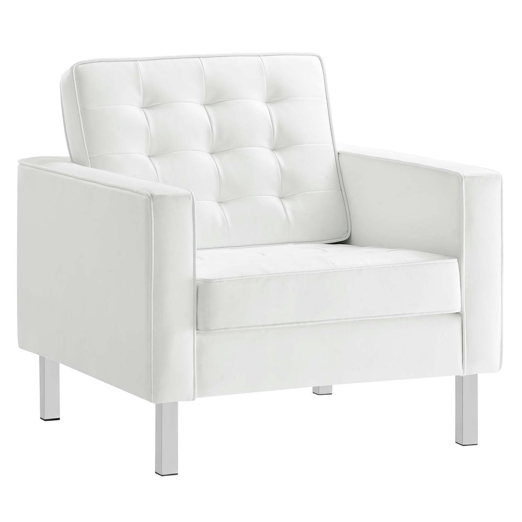 Loft Tufted Upholstered Faux Leather Armchair in Silver White