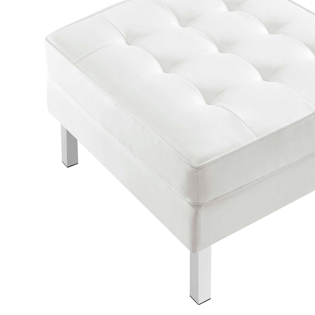 Loft Tufted Upholstered Faux Leather Ottoman in Silver White