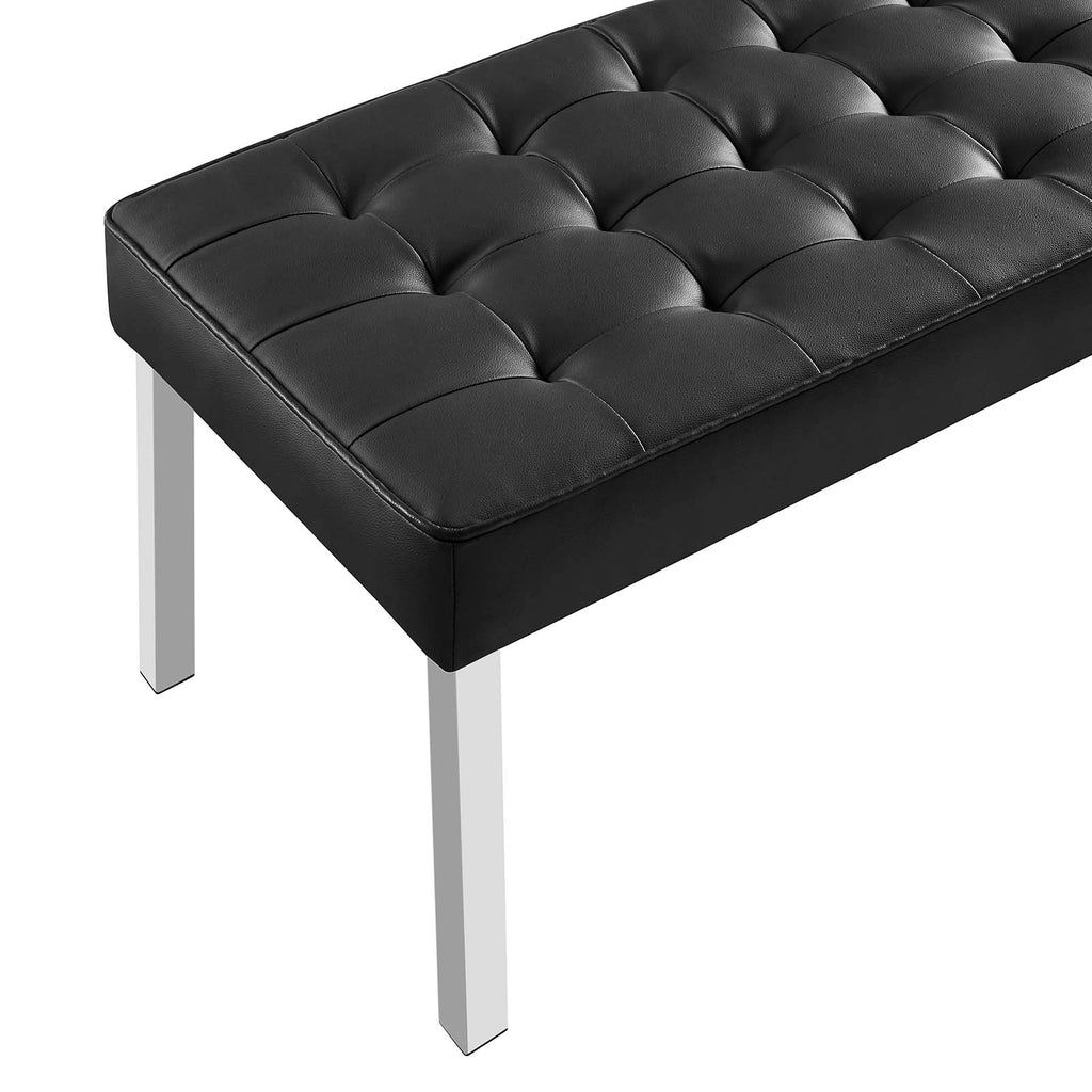 Loft Tufted Large Upholstered Faux Leather Bench in Silver Black