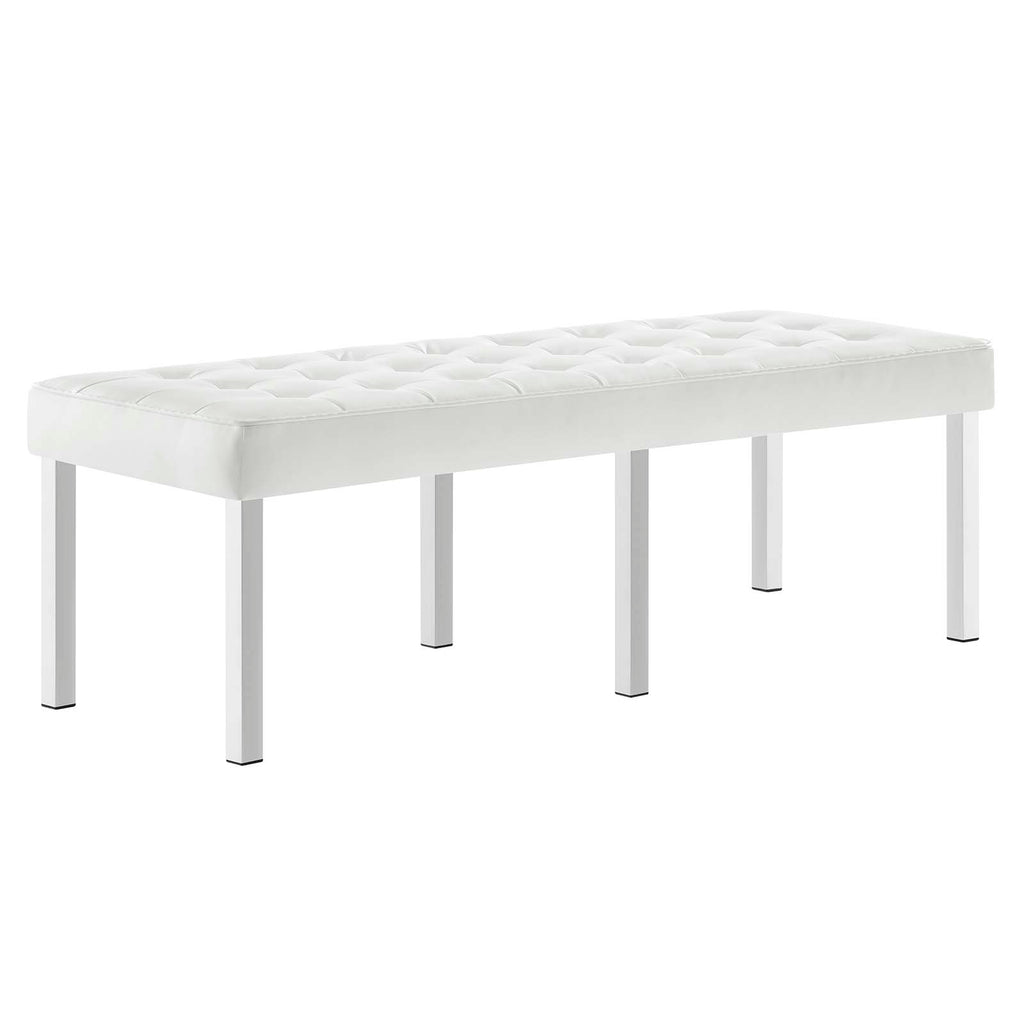 Loft Tufted Large Upholstered Faux Leather Bench in Silver White