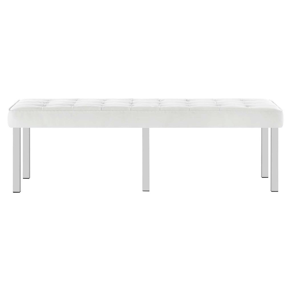 Loft Tufted Large Upholstered Faux Leather Bench in Silver White