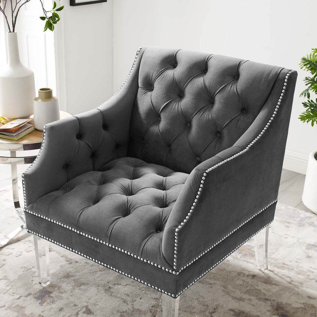 Proverbial Tufted Button Accent Performance Velvet Armchair in Gray