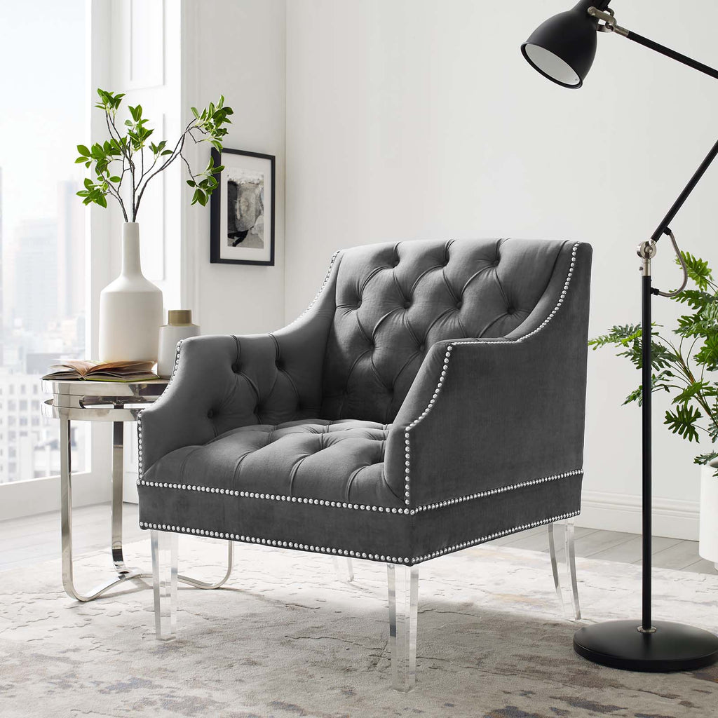 Proverbial Tufted Button Accent Performance Velvet Armchair in Gray