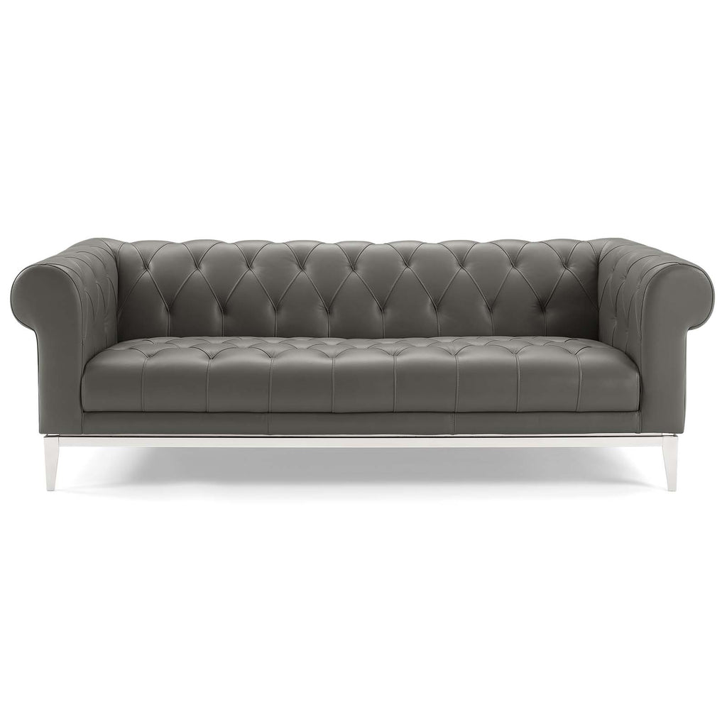 Idyll Tufted Button Upholstered Leather Chesterfield Sofa in Gray