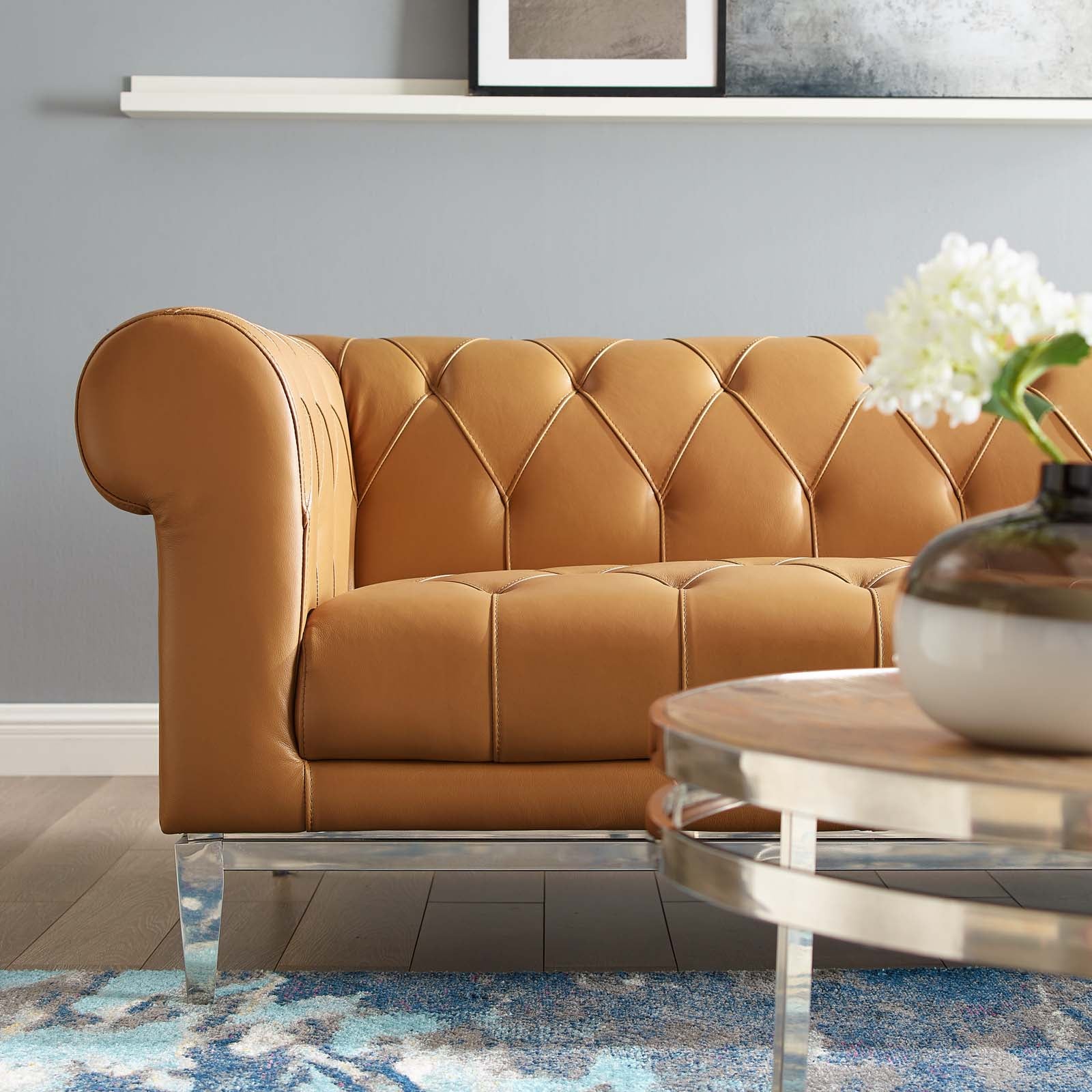 Idyll Tufted Button Upholstered Leather Chesterfield Sofa In Tan