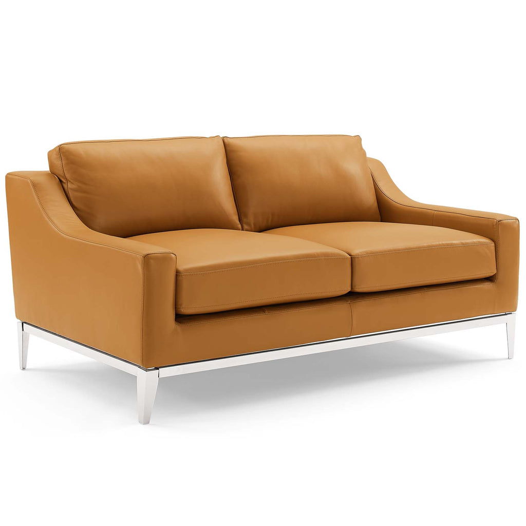 Harness 64" Stainless Steel Base Leather Loveseat in Tan
