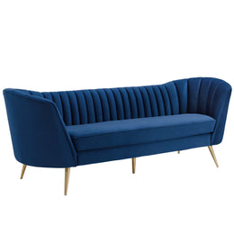Opportunity Vertical Channel Tufted Curved Performance Velvet Sofa in Navy