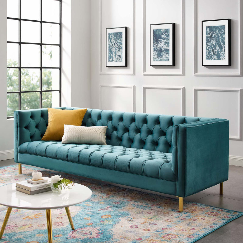 Delight Tufted Button Performance Velvet Sofa in Sea Blue