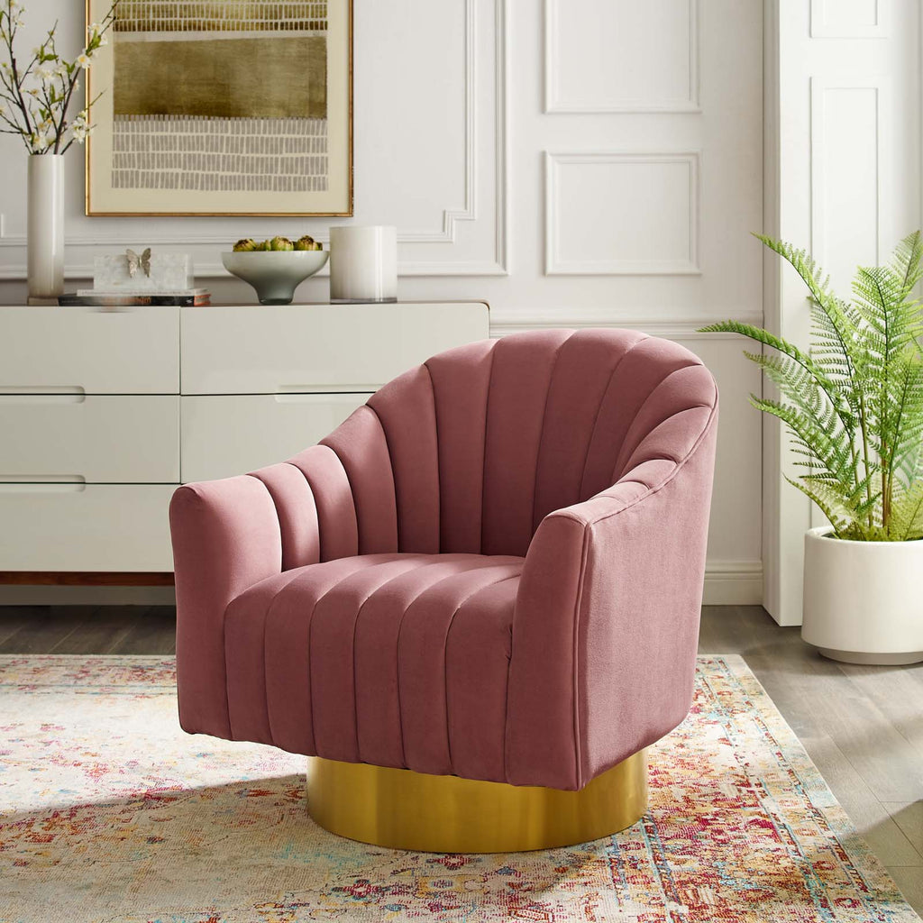 Buoyant Vertical Channel Tufted Accent Lounge Performance Velvet Swivel Chair in Dusty Rose