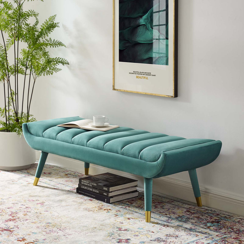 Guess Channel Tufted Performance Velvet Accent Bench in Teal