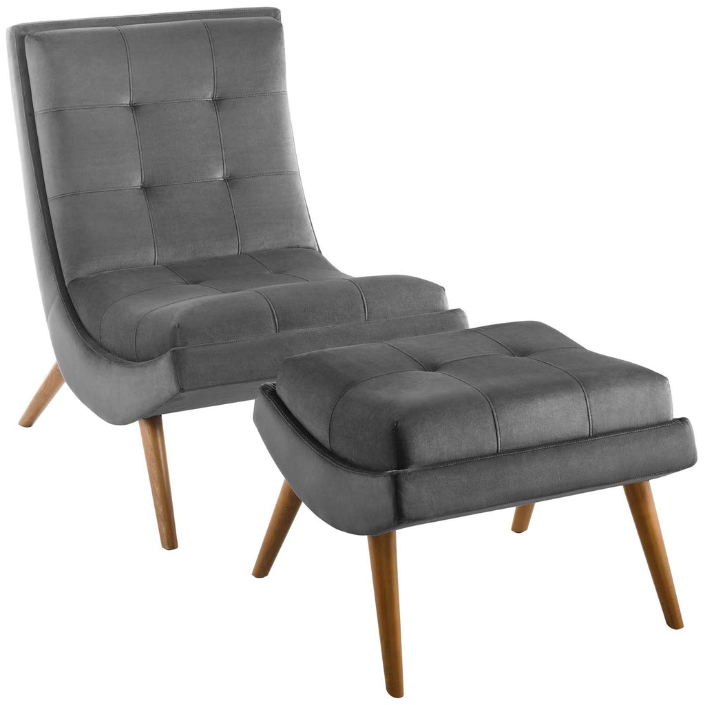 Ramp Upholstered Performance Velvet Lounge Chair and Ottoman Set in Gray