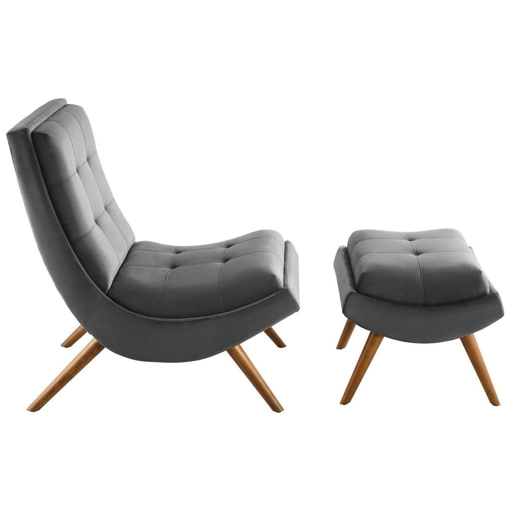 Ramp Upholstered Performance Velvet Lounge Chair and Ottoman Set in Gray