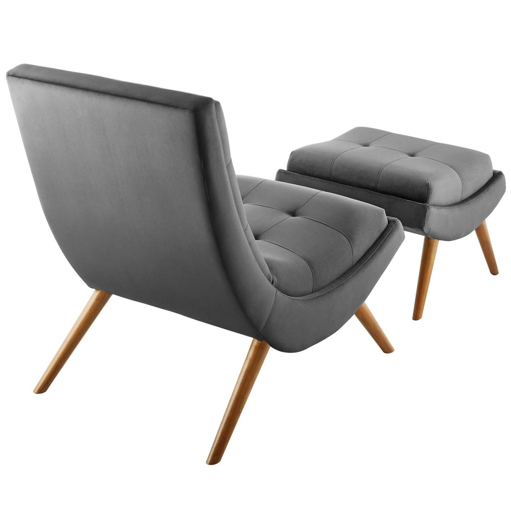 Ramp Upholstered Performance Velvet Lounge Chair and Ottoman Set in Gray