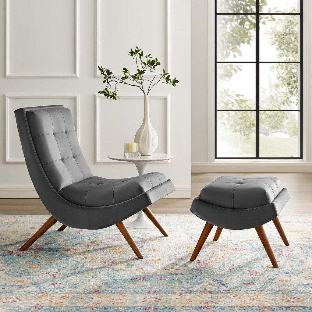 Ramp Upholstered Performance Velvet Lounge Chair and Ottoman Set in Gray