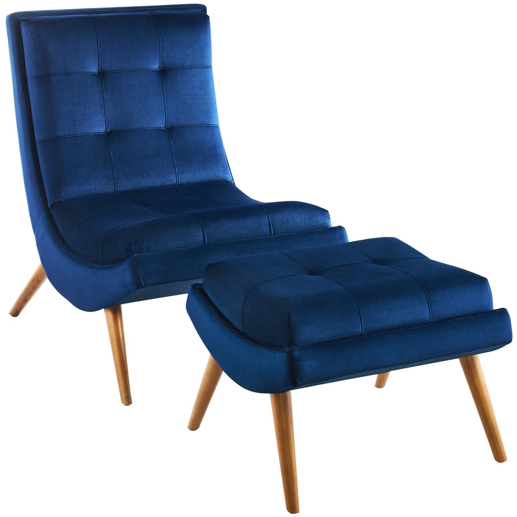Ramp Upholstered Performance Velvet Lounge Chair and Ottoman Set in Navy