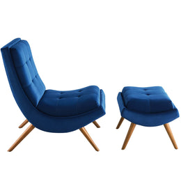 Ramp Upholstered Performance Velvet Lounge Chair and Ottoman Set in Navy