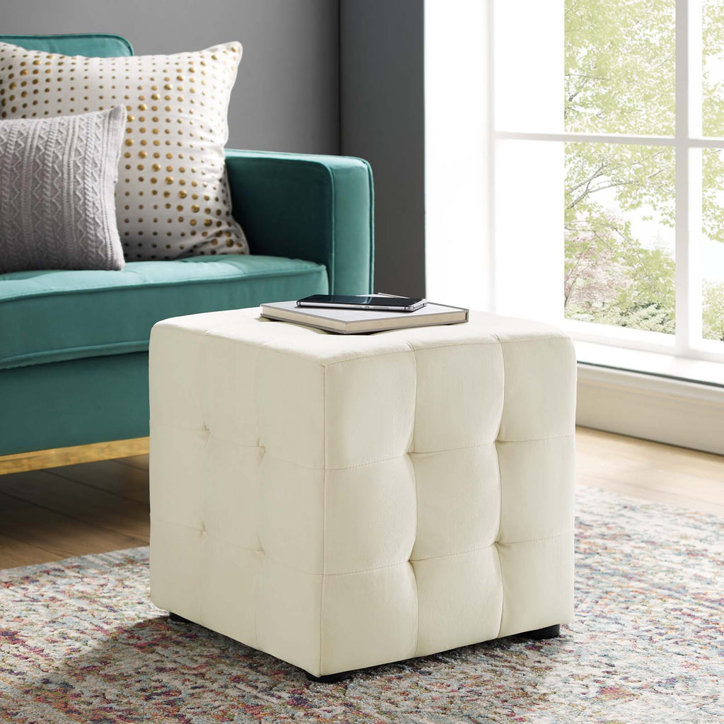 Contour Tufted Cube Performance Velvet Ottoman in Ivory