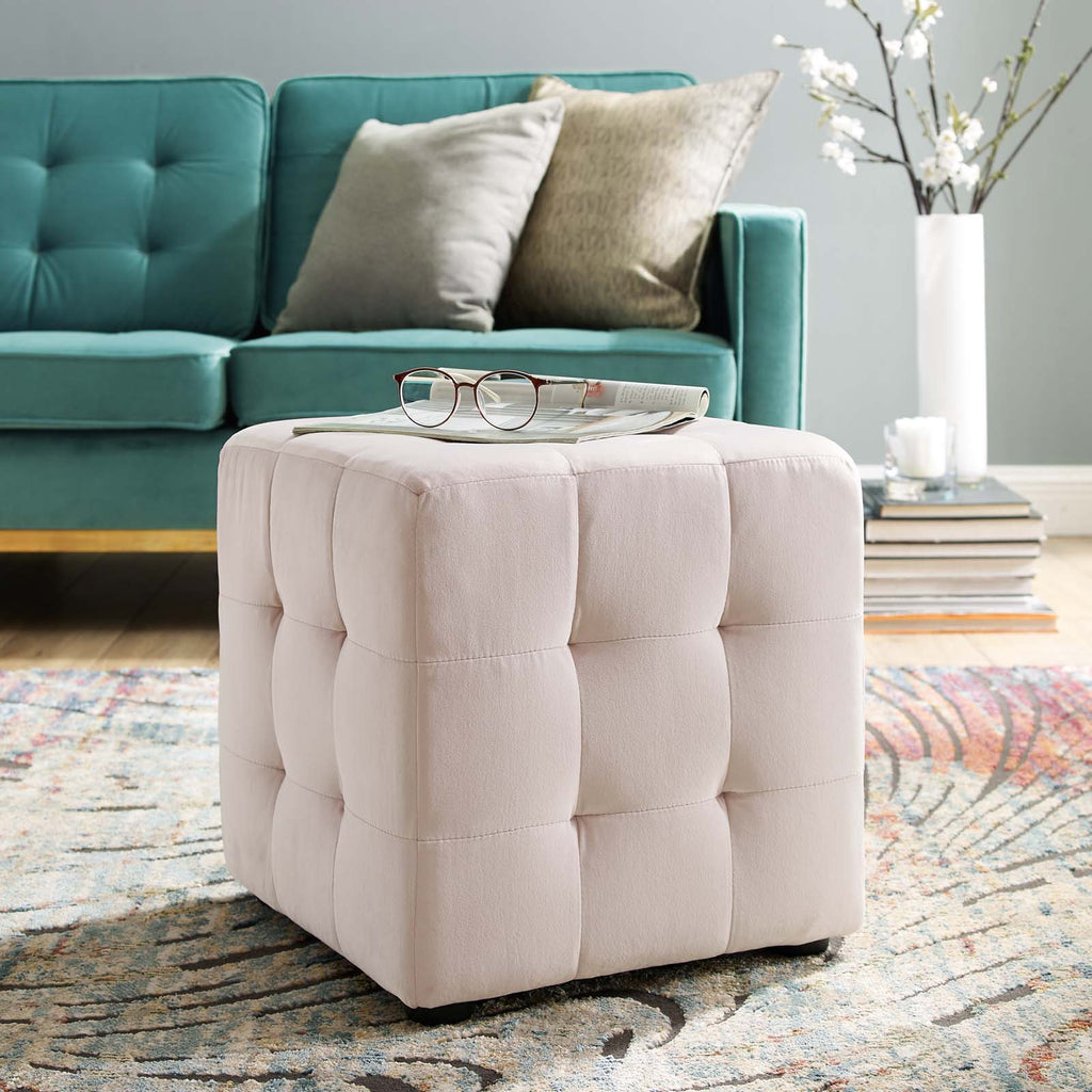 Contour Tufted Cube Performance Velvet Ottoman in Pink