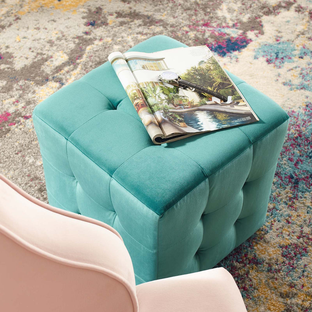 Contour Tufted Cube Performance Velvet Ottoman in Teal