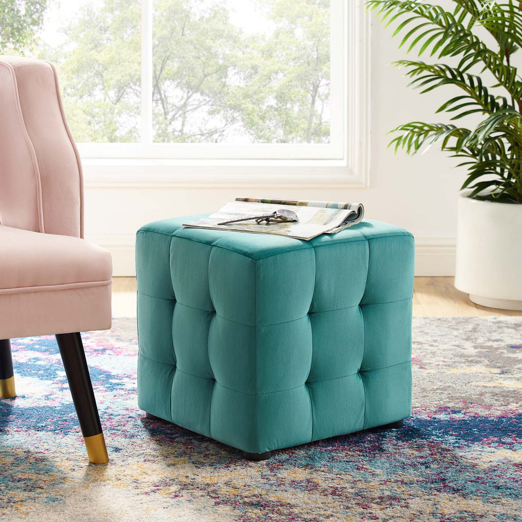 Contour Tufted Cube Performance Velvet Ottoman in Teal