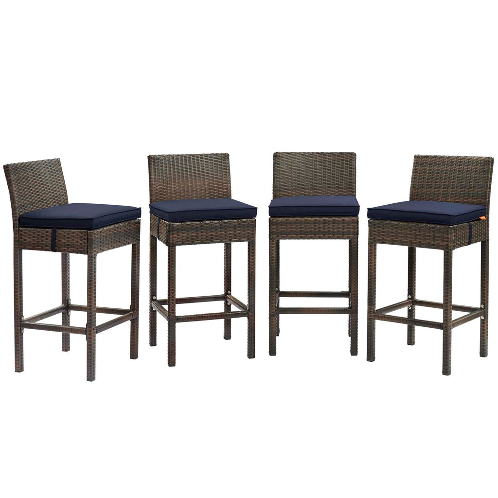 Conduit Bar Stool Outdoor Patio Wicker Rattan Set of 4 in Brown Navy