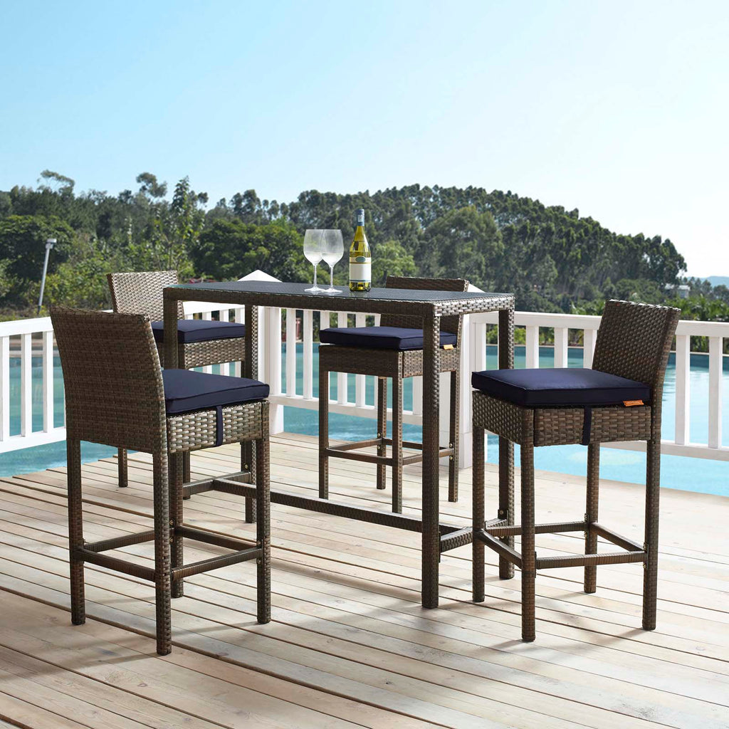 Conduit Bar Stool Outdoor Patio Wicker Rattan Set of 4 in Brown Navy