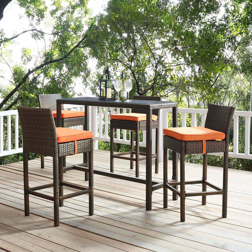 Conduit Bar Stool Outdoor Patio Wicker Rattan Set of 4 in Brown Orange