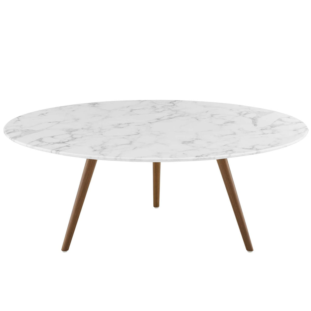 Lippa 40" Round Artificial Marble Coffee Table with Tripod Base in Walnut White