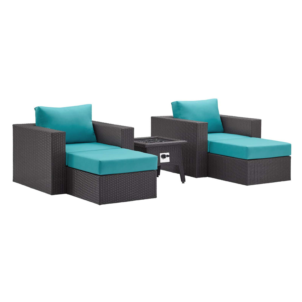 Convene 5 Piece Set Outdoor Patio with Fire Pit in Espresso Turquois