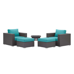 Convene 5 Piece Set Outdoor Patio with Fire Pit in Espresso Turquois