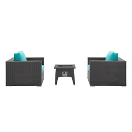 Convene 3 Piece Set Outdoor Patio with Fire Pit in Espresso Turquois