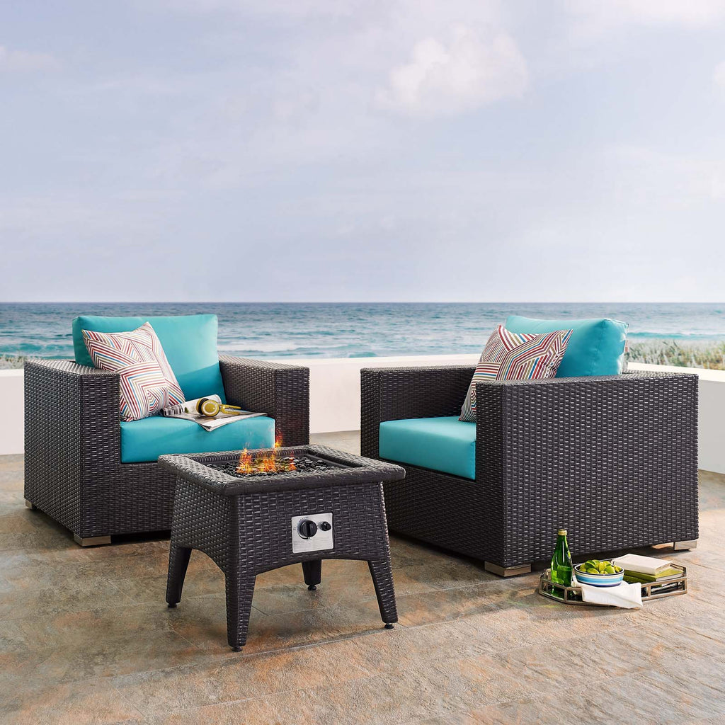 Convene 3 Piece Set Outdoor Patio with Fire Pit in Espresso Turquois