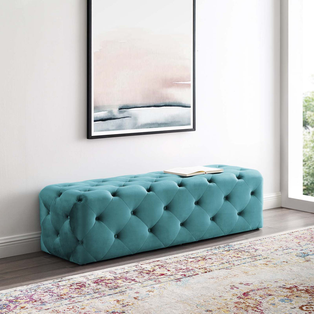 Amour 60" Tufted Button Entryway Performance Velvet Bench in Sea Blue