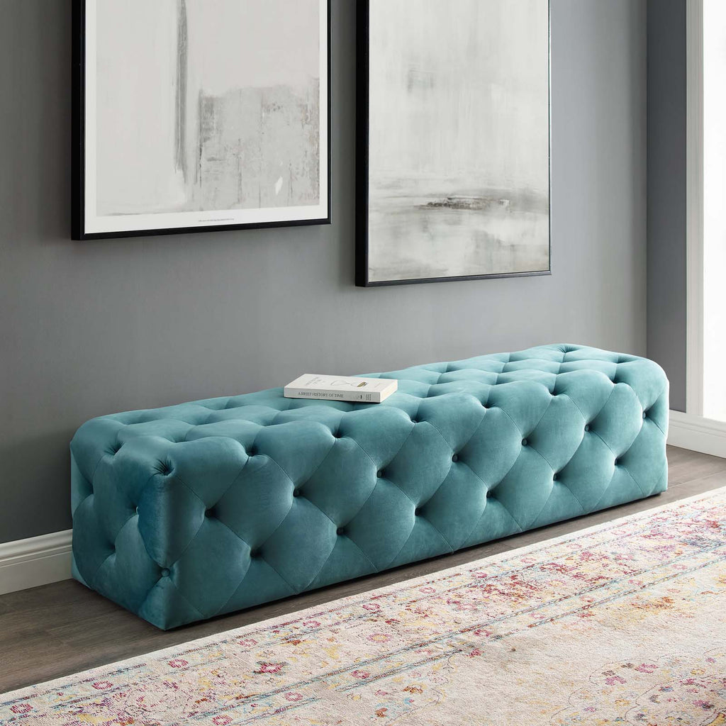 Amour 72" Tufted Button Entryway Performance Velvet Bench in Sea Blue