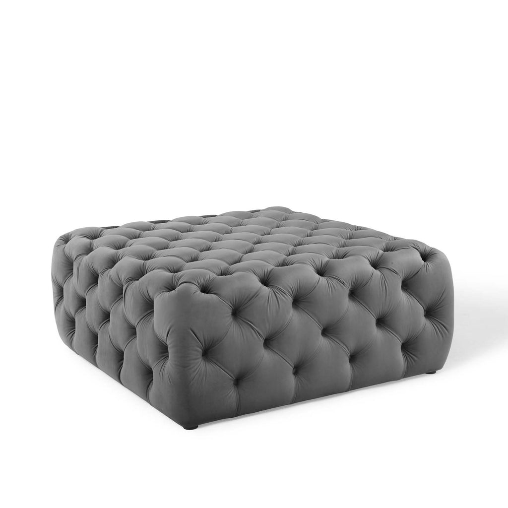 Amour Tufted Button Large Square Performance Velvet Ottoman in Gray