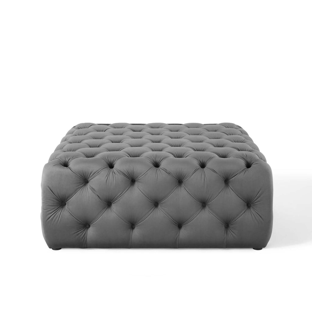 Amour Tufted Button Large Square Performance Velvet Ottoman in Gray