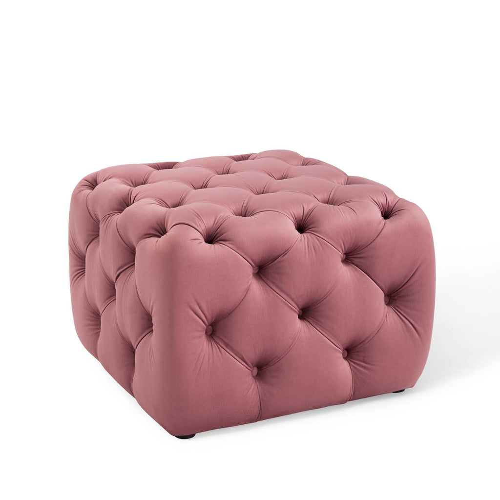 Amour Tufted Button Square Performance Velvet Ottoman in Dusty Rose