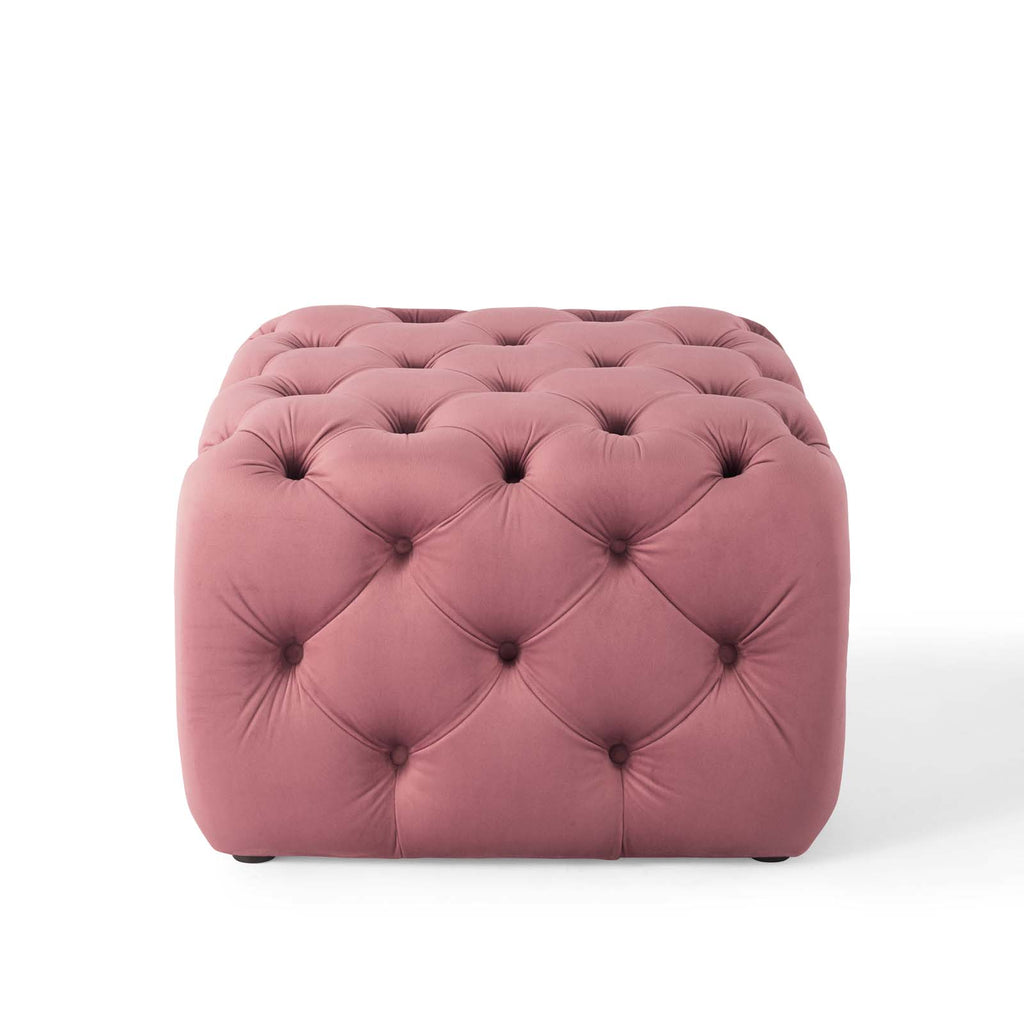 Amour Tufted Button Square Performance Velvet Ottoman in Dusty Rose