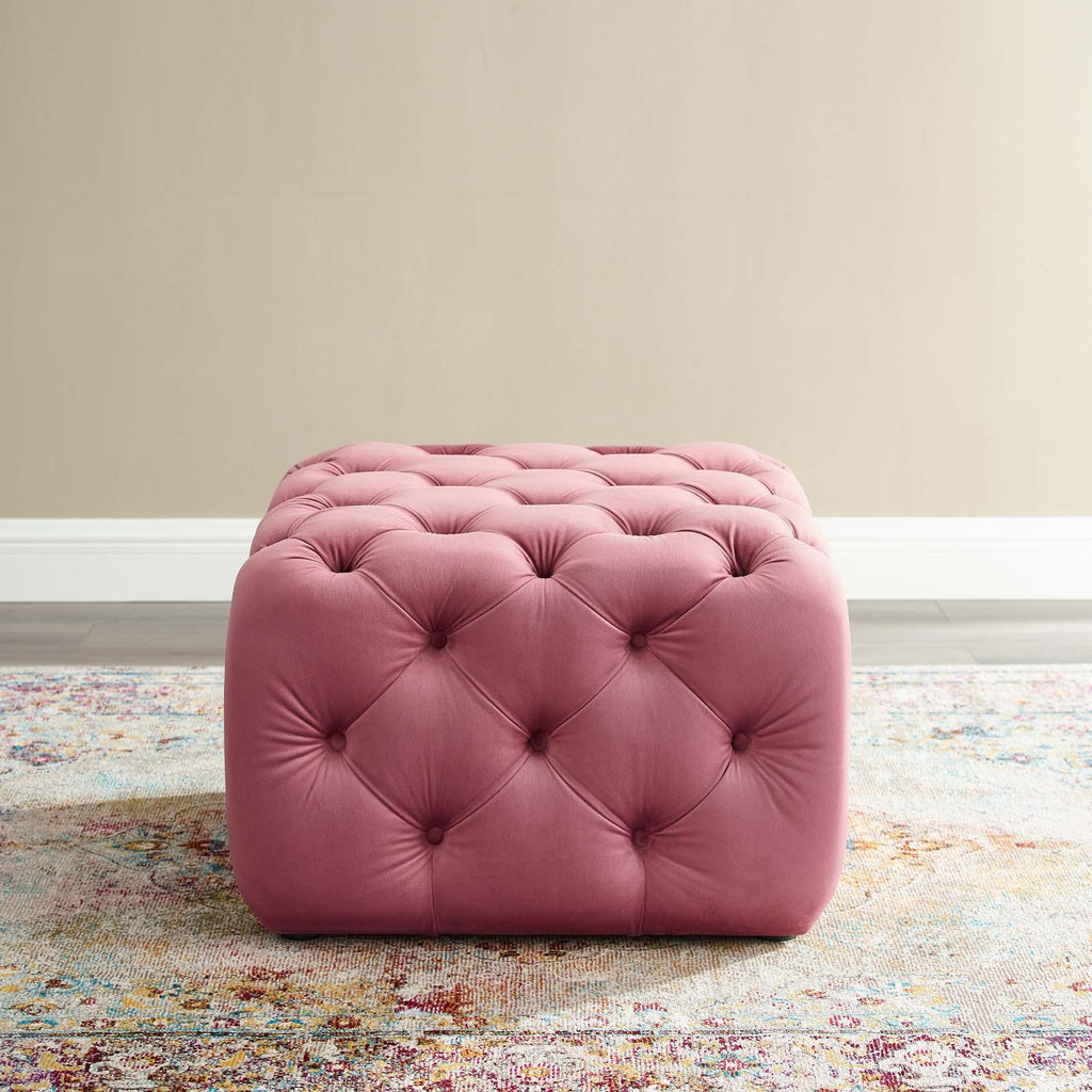 Amour Tufted Button Square Performance Velvet Ottoman in Dusty Rose