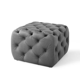 Amour Tufted Button Square Performance Velvet Ottoman in Gray