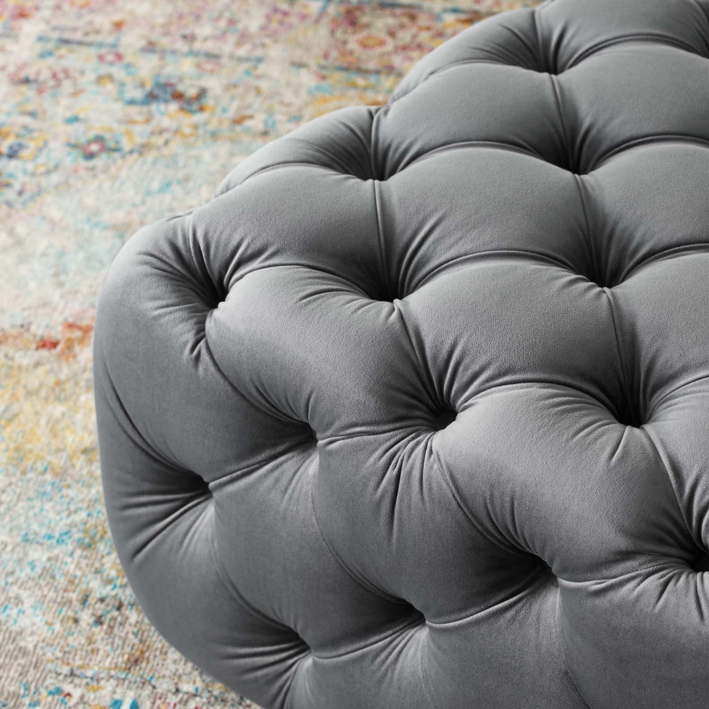 Amour Tufted Button Square Performance Velvet Ottoman in Gray