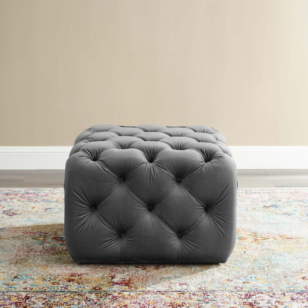 Amour Tufted Button Square Performance Velvet Ottoman in Gray