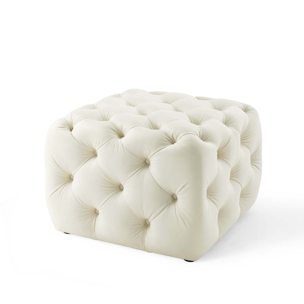 Amour Tufted Button Square Performance Velvet Ottoman in Ivory