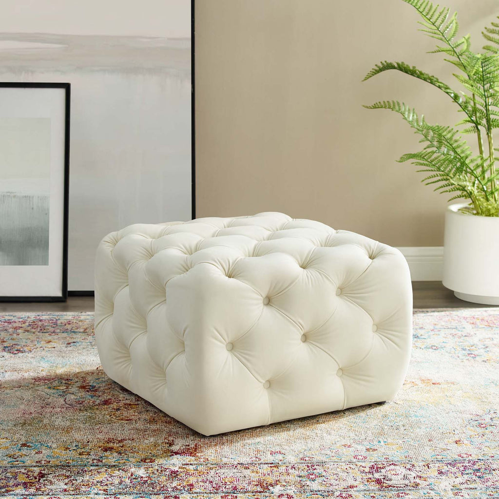 Amour Tufted Button Square Performance Velvet Ottoman in Ivory